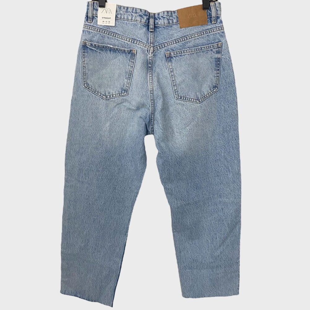 Zara High-Waisted Denim Ankle Jeans Blue Womens Size 12 Straight-Leg Raw-Hem New - Picture 4 of 14